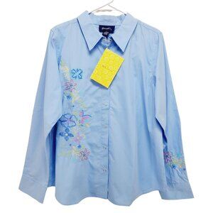 Denim & Co. Shirt Womens Blue Embroidered Button-Up Size L 100% Cotton